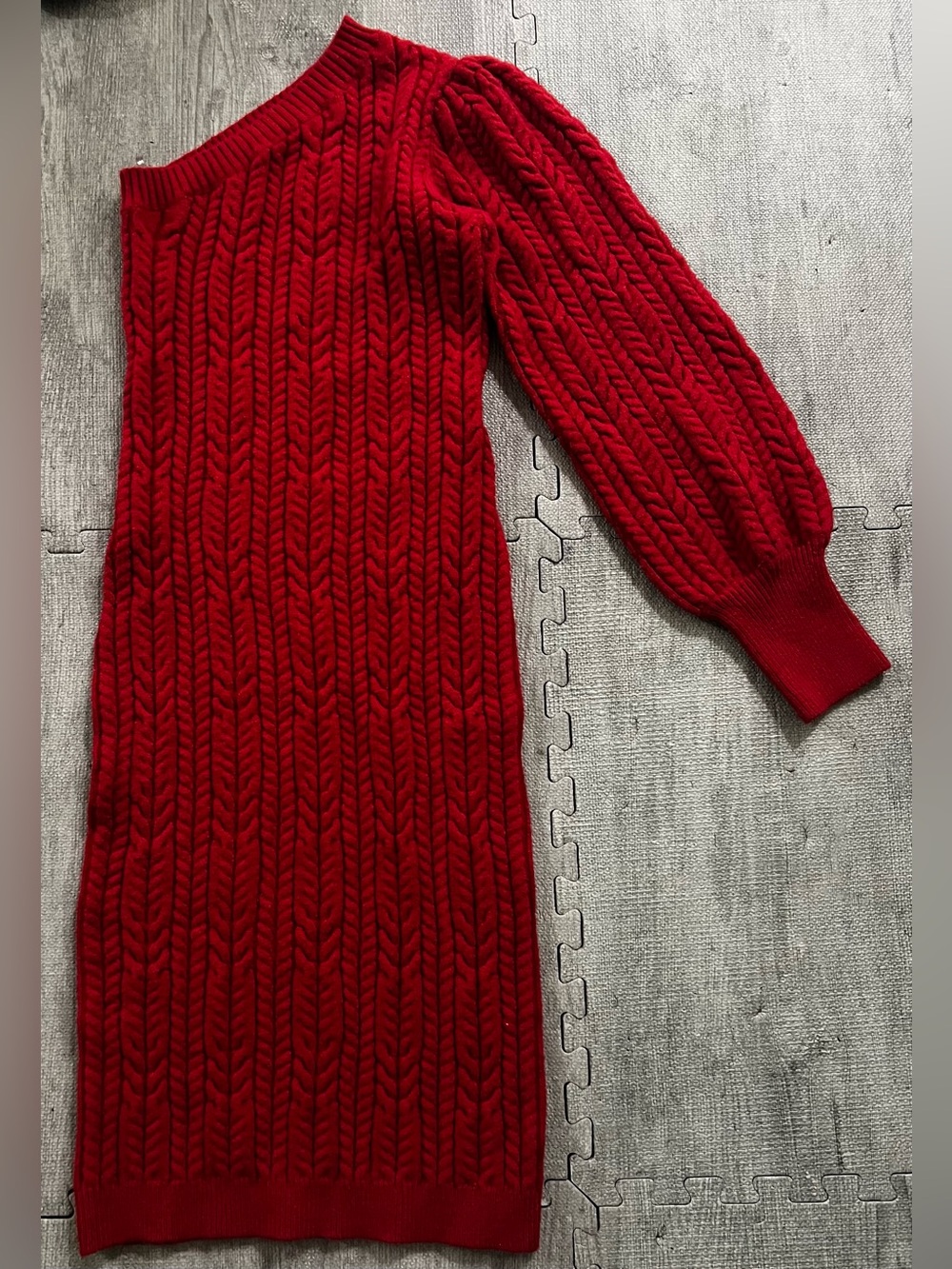 FORE Red One Shoulder Puff Sleeve Midi Sweater Dress Stretch Acrylic Size XL